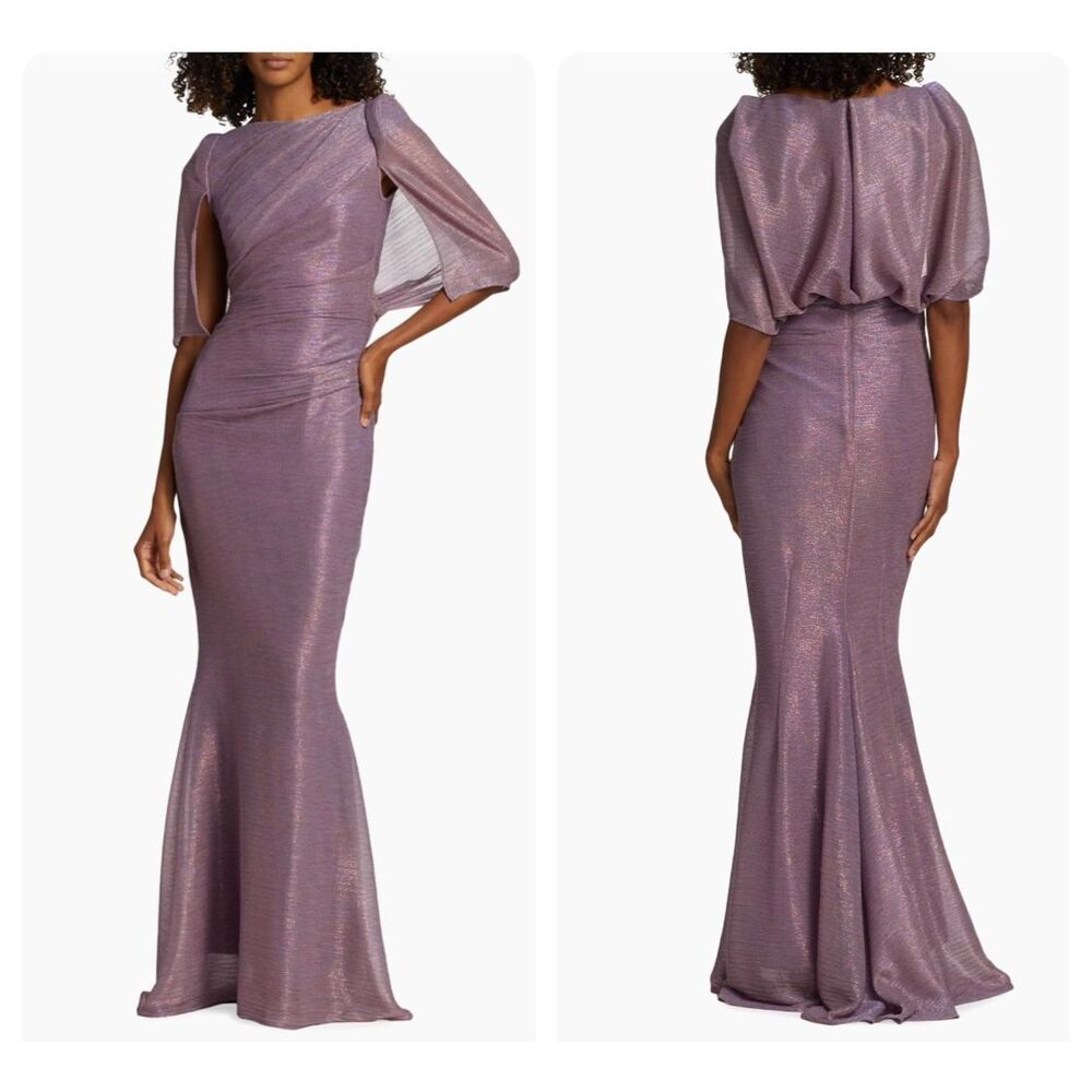 NWT Talbot Runhof Boat Neck Ruched Plisse Effect Lurex Gown Purple Size 6 $2195